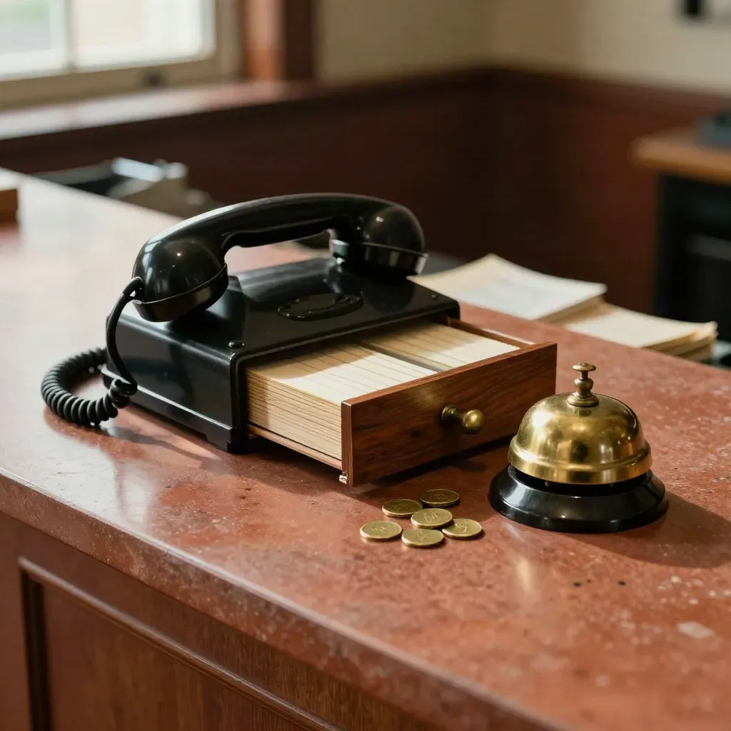 Drewniana kartoteka, dzwonek i słuchawka telefonu na recepcji szkoły, ujęcie z góry.
