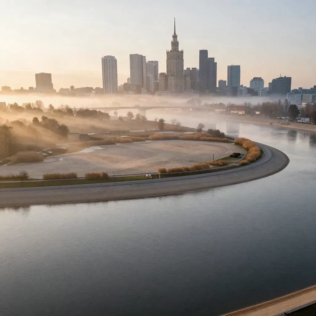 Warszawa nad Wisłą o świcie, we mgle, z panoramą miasta wysoko i spokojnym nurtem rzeki