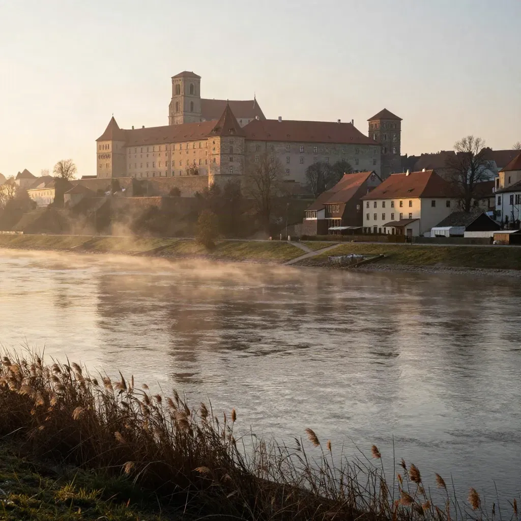 Wawel nad Wisłą o świcie, złota mgła i spokojna rzeka pod kopią tekstową.