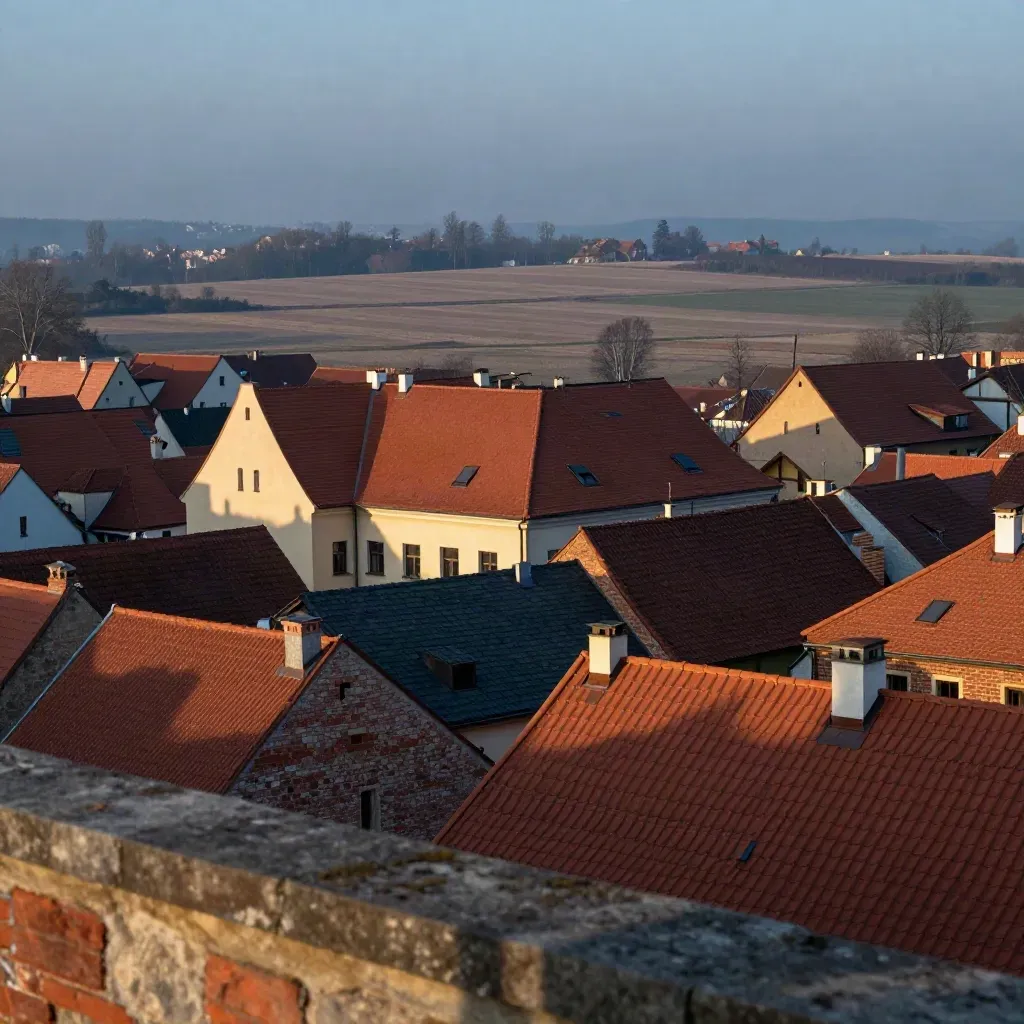 Widok Poznania i pól Wielkopolski o zmierzchu, z wysokim horyzontem i pustą dolną częścią kadru.