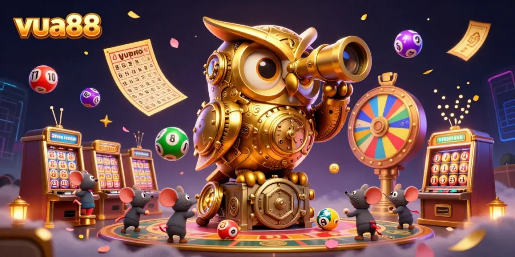Experience the vibrant world of vua88 with exciting casino elements and a whimsical owl in a dynamic gaming scene.