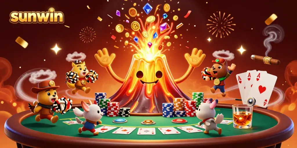Exciting gameplay at sunwin casino with a captivating golden volcano and poker action.