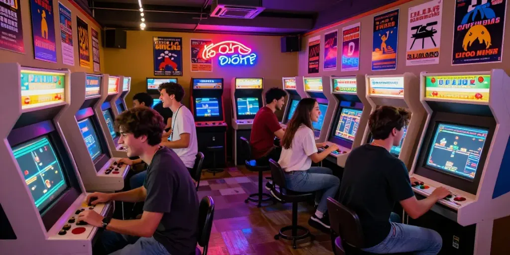 Experience the excitement of pecah 404 in a retro gaming arcade with friends, competitive spirit, and nostalgic vibes.