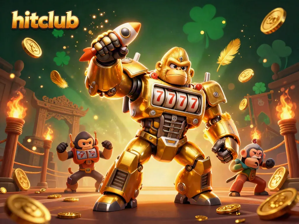 Experience hitclub's lively slots with a golden gorilla mech and exciting casino elements.