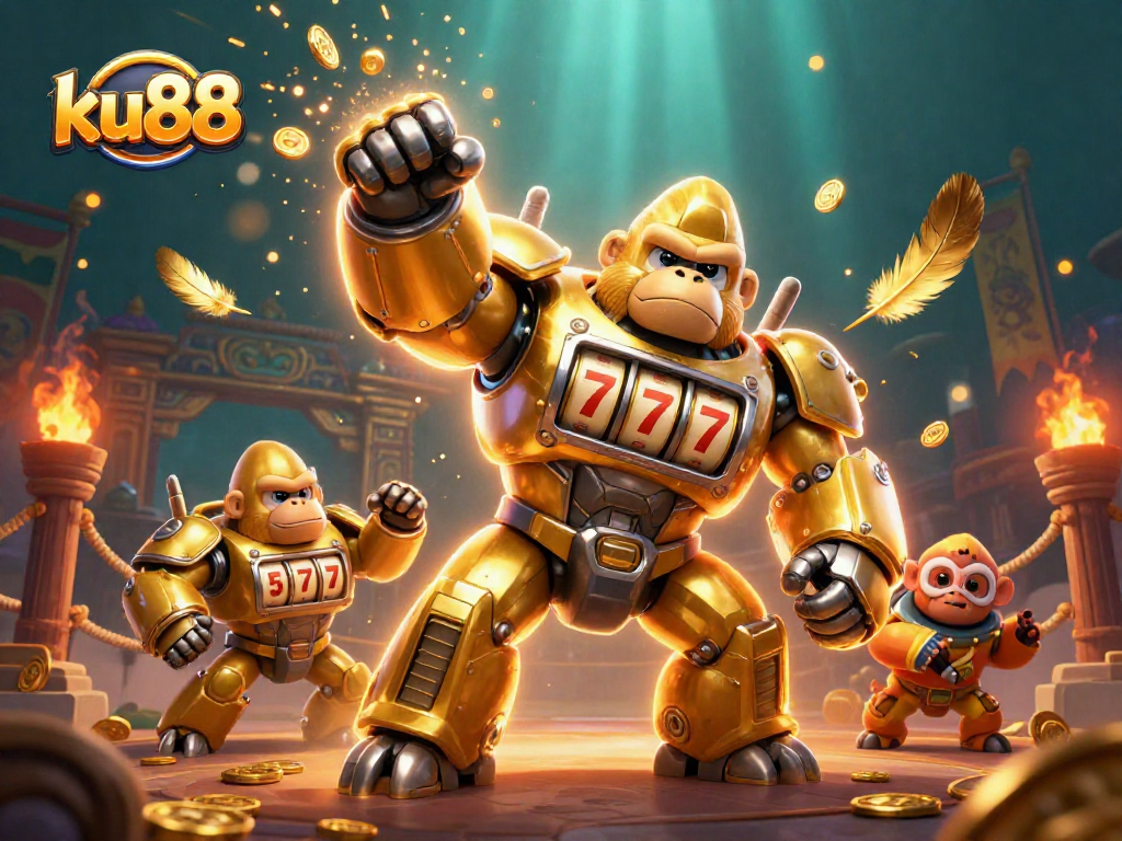 ku88 reveals thrilling winning moments through a 3D golden gorilla mech and vibrant casino elements.