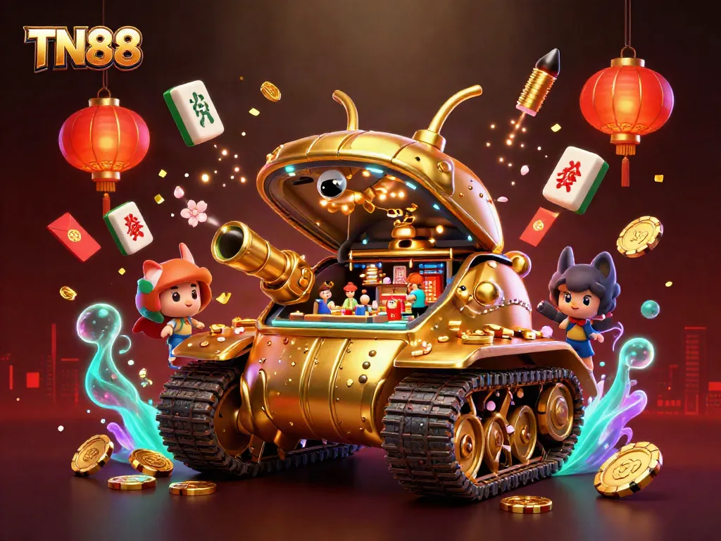 Experience the excitement of TN88 casino with a dynamic scene featuring a golden beetle tank revealing a miniature casino.