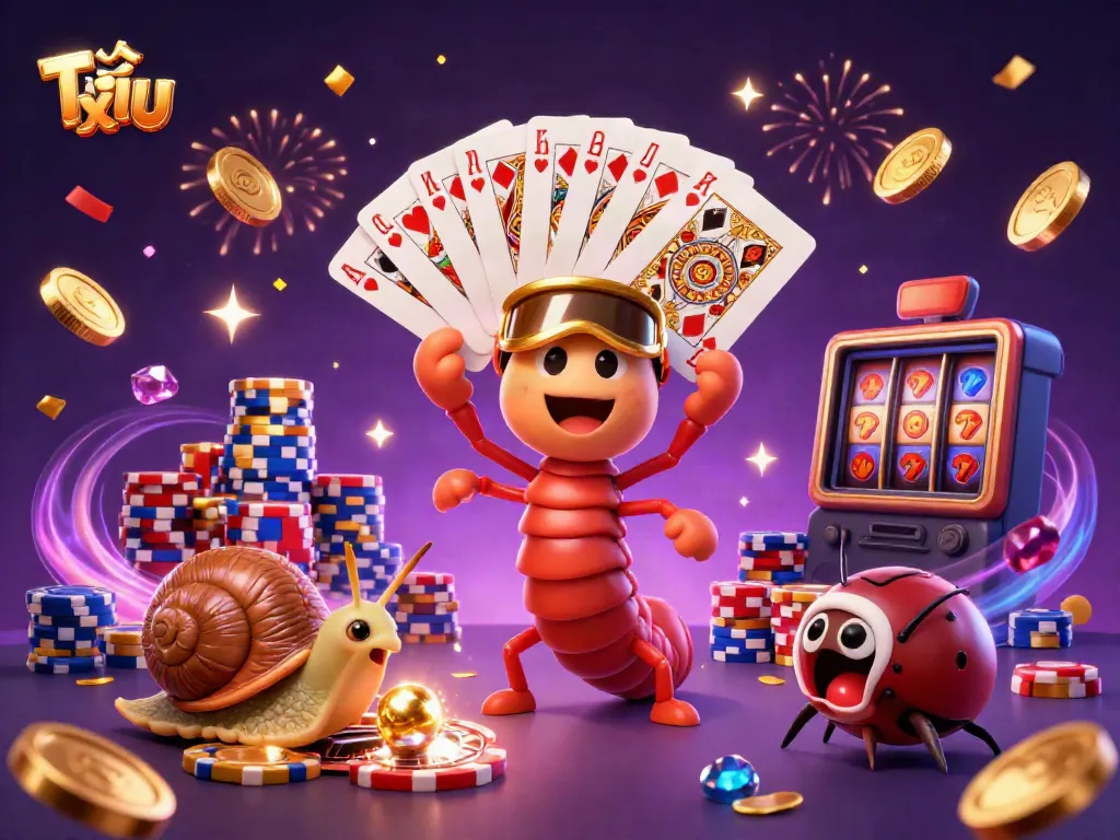 Immerse in the excitement of Tài xỉu as a cartoon millipede dealer showcases playing cards amidst cascading coins and vibrant chips.
