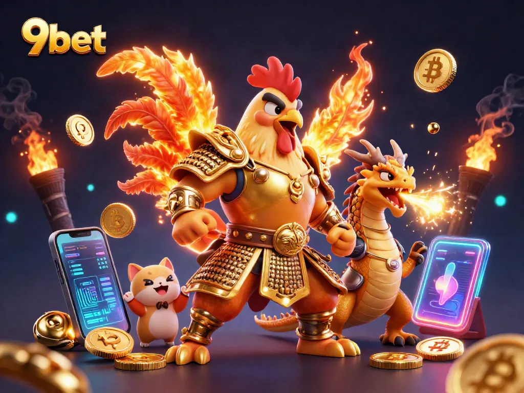 Join the action at 9bet with a powerful rooster and dragon in a dynamic casino scene.
