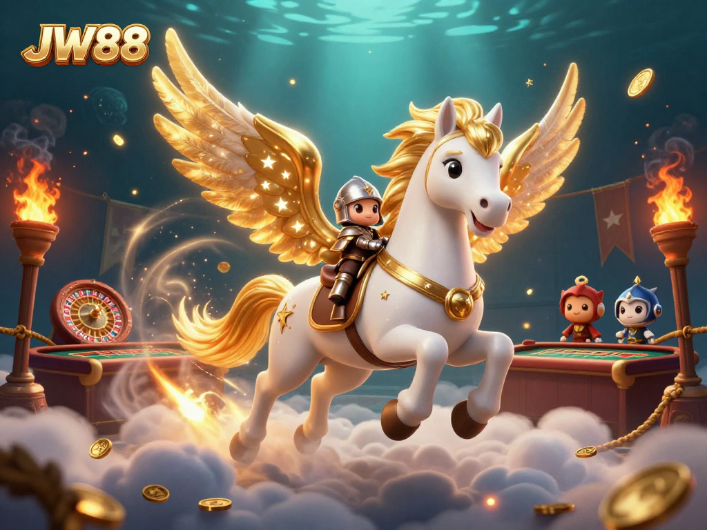 Experience high-stakes gaming with JW88: a 3D lively casino scene featuring a celestial horse and armored knight.