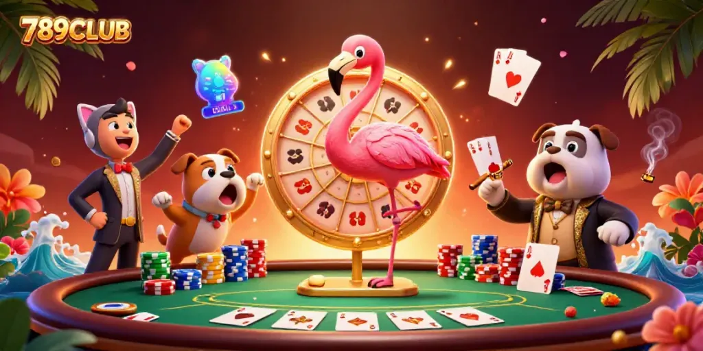 Spin the giant prize wheel at 789CLUB, featuring a lively game show scene with vibrant casino elements.