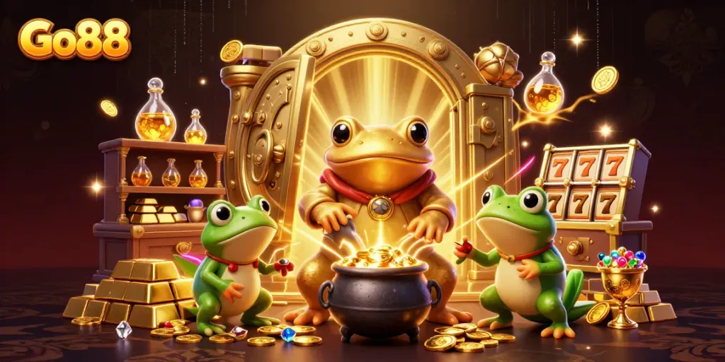 Experience the gold rush with Go88's vibrant 3D casino-themed illustration showcasing alchemists and treasures.