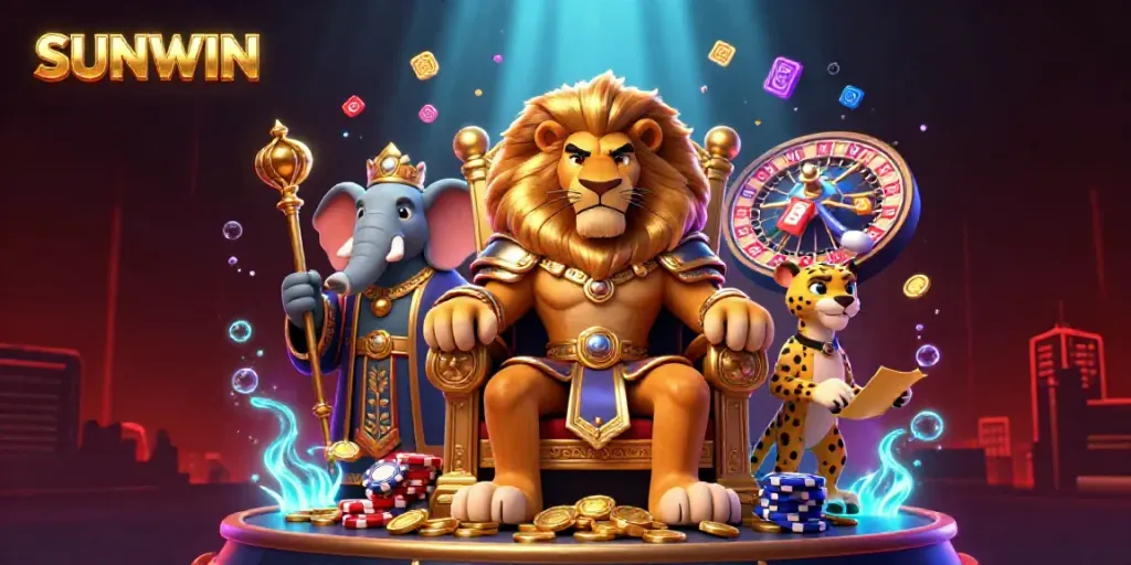 SUNWIN gaming scene featuring a lion king, elephant advisor, and cheetah messenger amidst vibrant casino elements.