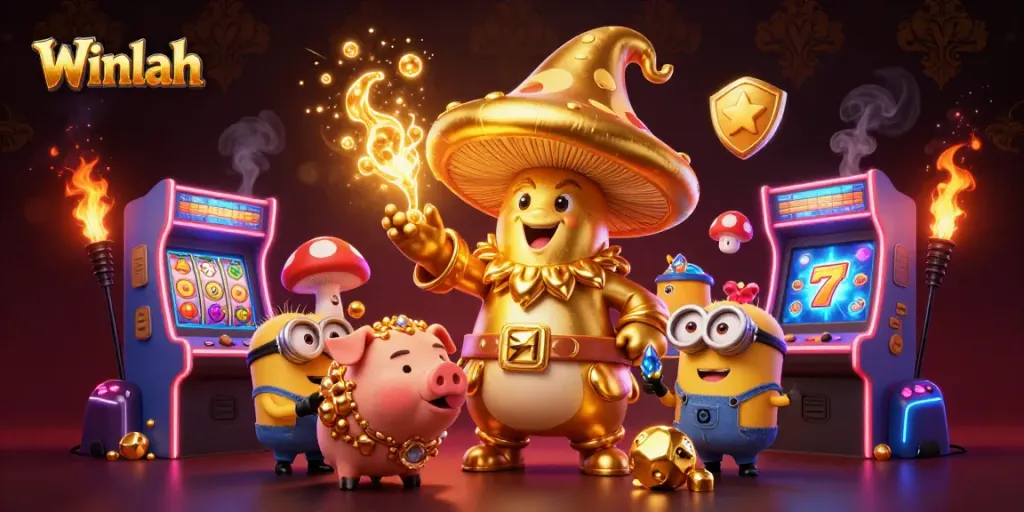 Winlah captivates with a golden mushroom wizard and treasure-seeking pig in a vibrant casino scene.