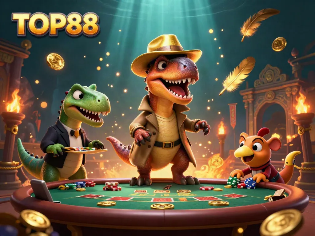 TOP88 cartoon velociraptor card counter and stegosaurus pit boss in dynamic casino scene.