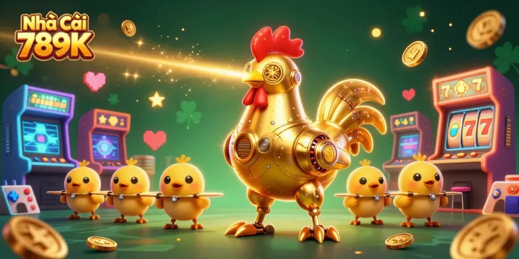 Engage with dynamic gaming visuals from Nhà Cái 789K, featuring a golden rooster robot amidst colorful casino elements.