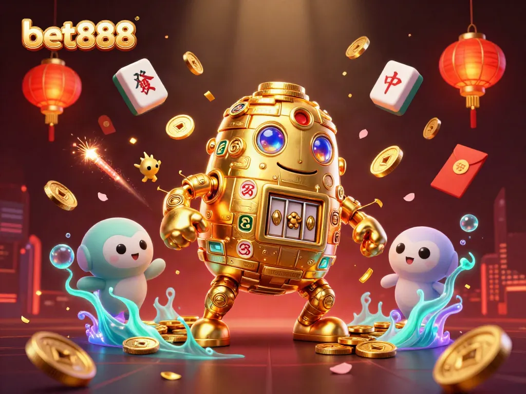 Experience thrilling wins with bet888 in this dynamic 3D casino illustration showcasing a golden golem and festive game elements.
