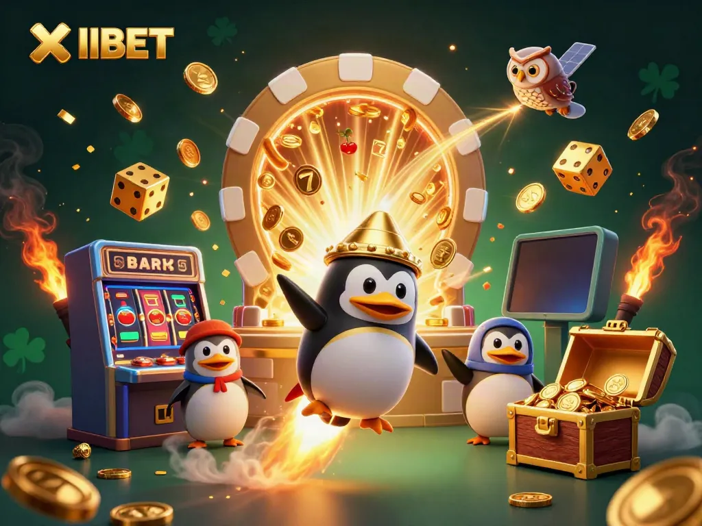 XIBET showcases an exciting casino scene with vibrant slot machines and a golden penguin in space.