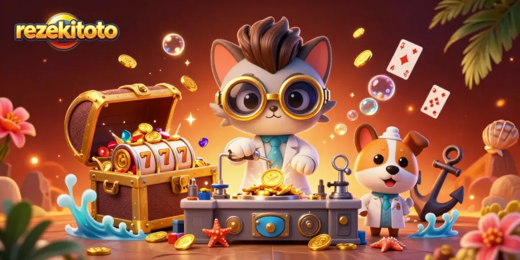 Experience thrilling gameplay with rezekitoto's vibrant 3D casino adventure filled with gold coins and slot reels.
