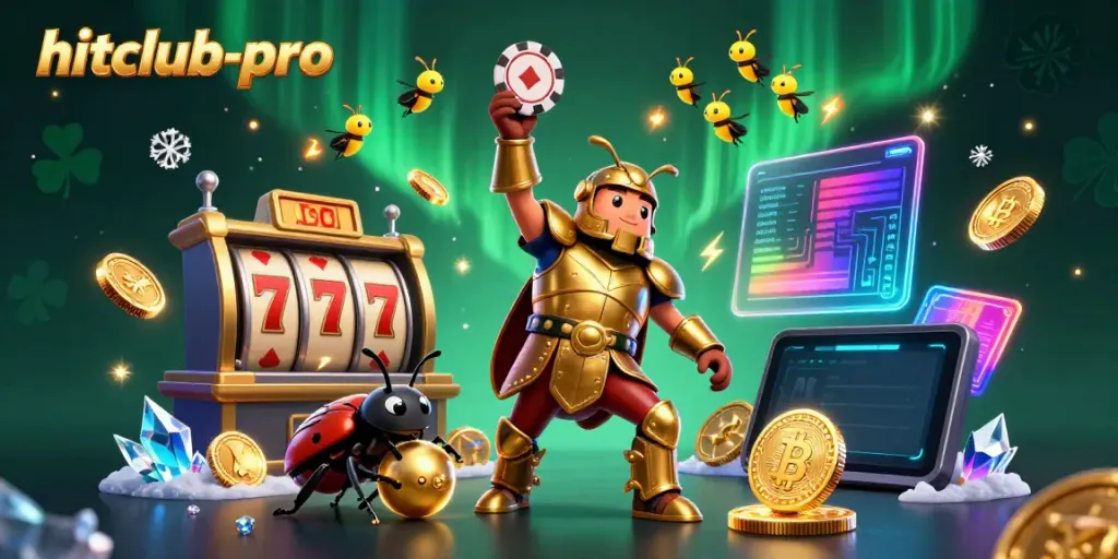 Join the hitclub-pro jackpot with a cartoon hercules beetle celebrating in a vibrant casino scene.