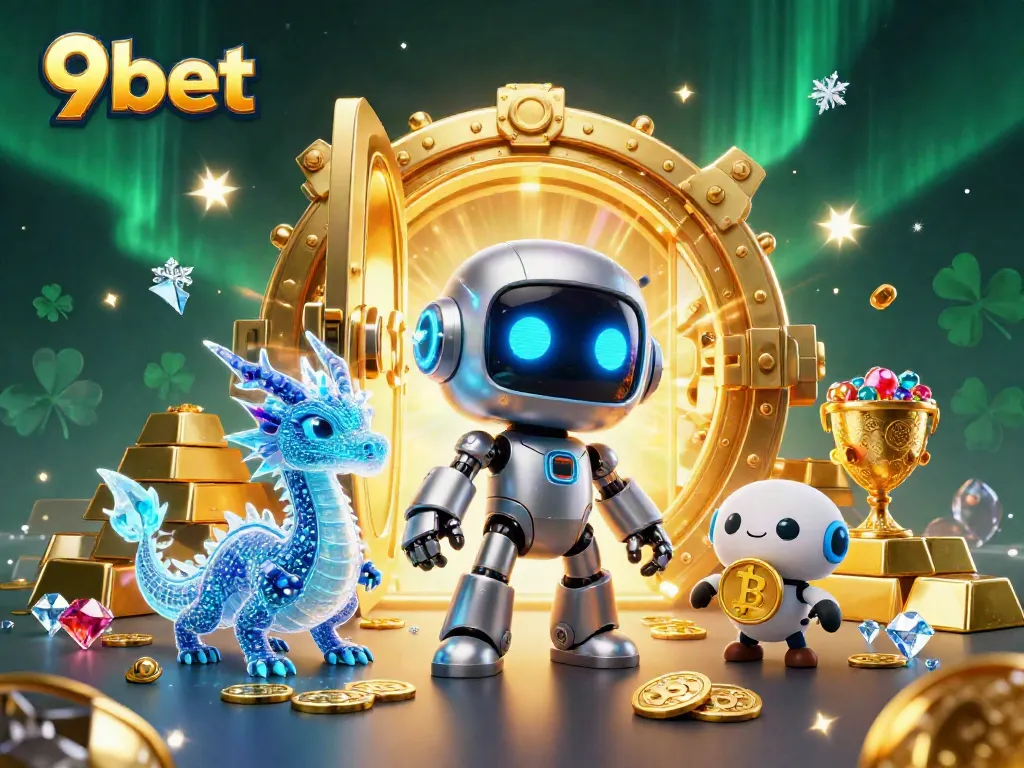 Experience the thrilling world of 9bet with a vibrant 3D casino illustration featuring robotic mascots and treasure.
