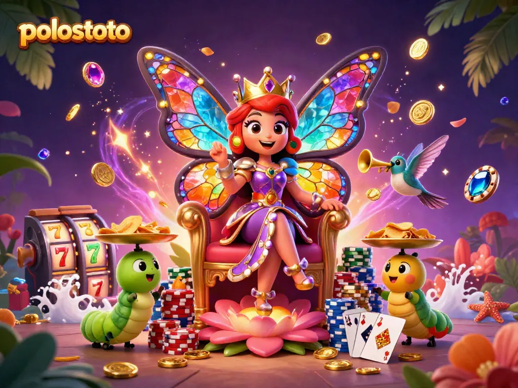 Experience the excitement of polostoto with a vivid 3D scene of a butterfly queen amidst cascading coins and slot machine action.