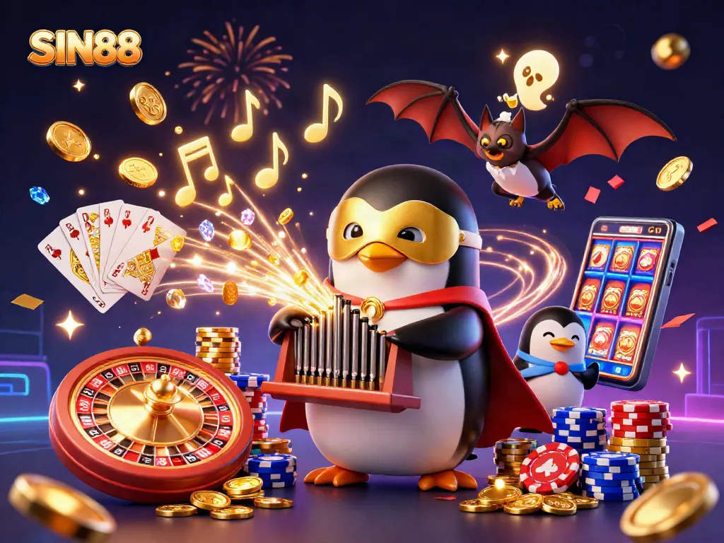 SIN88 players enjoy a thrilling gaming scene with golden coins, cards, and casino elements.
