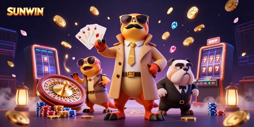 Engage with SUNWIN as cartoon raptors try to enter a VIP casino, illuminated by cascading coins and gems.