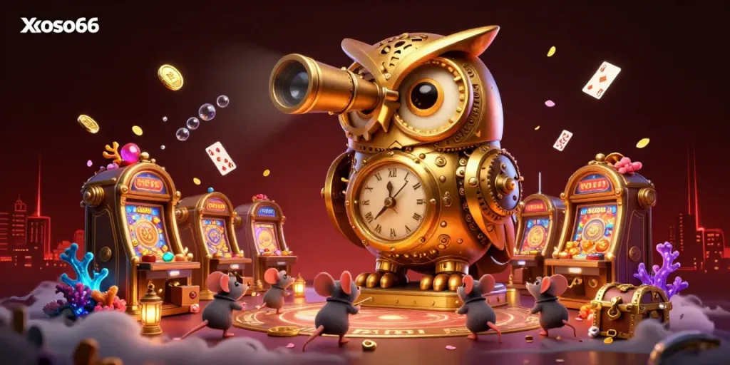 Experience the thrill of xoso66 as a clockwork owl watches over a bustling casino floor filled with colorful games and treasure.
