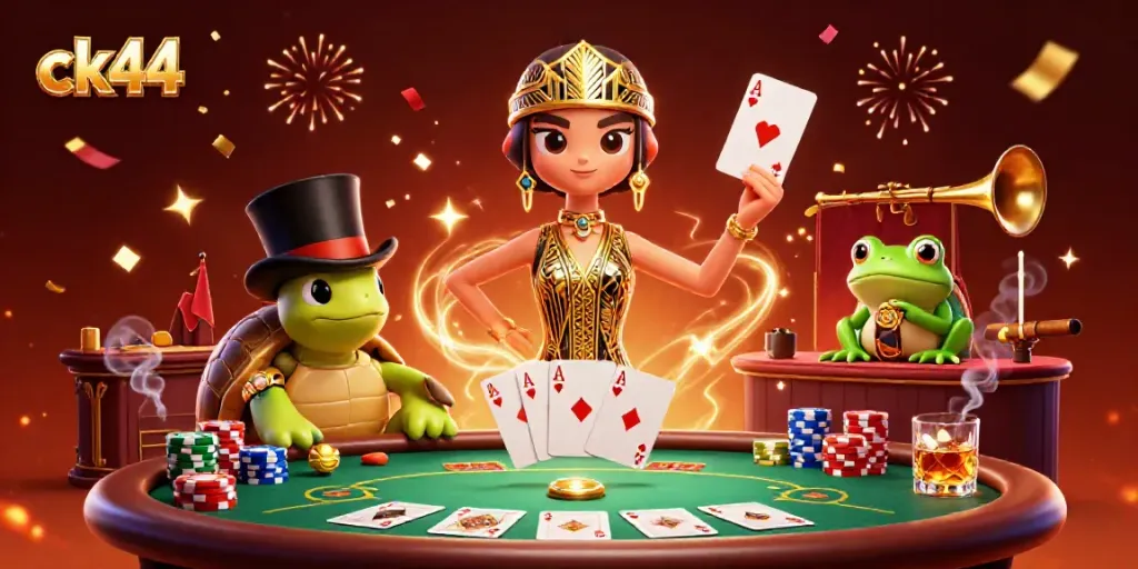 Experience the excitement of ck44 with a dynamic 3D casino illustration featuring poker elements and engaging characters.