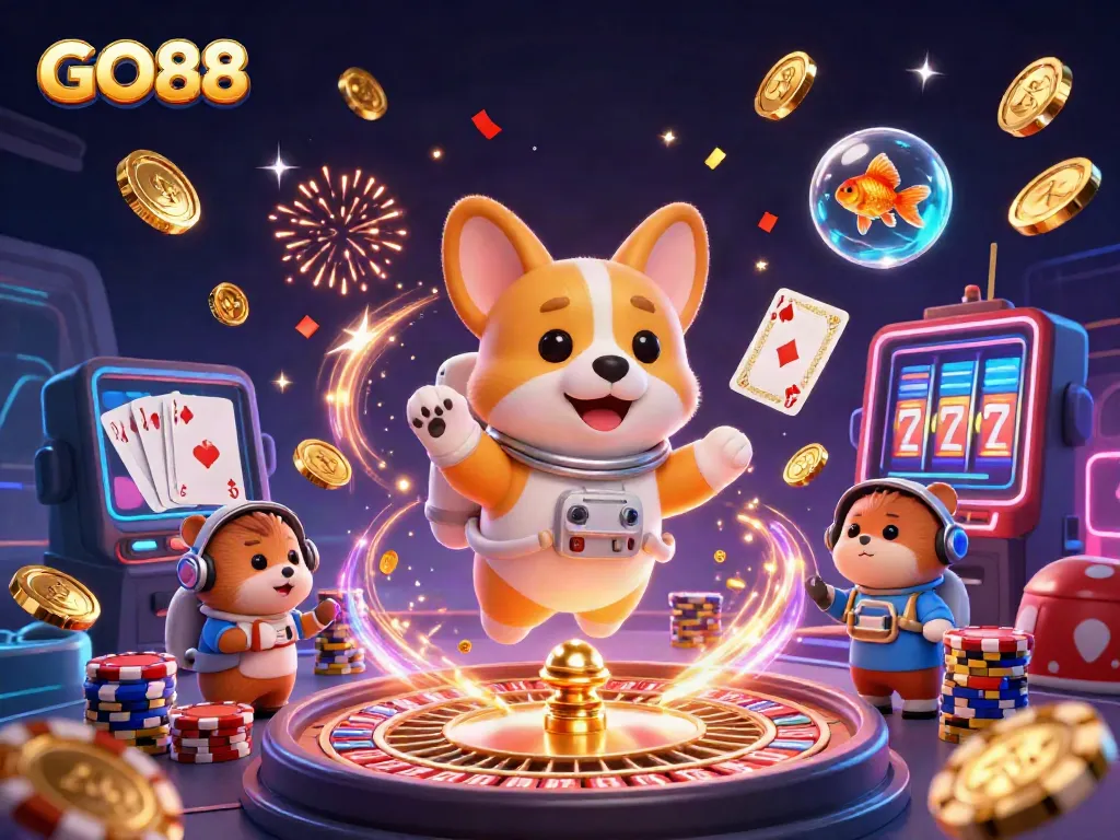 Engage with GO88 in a vibrant space casino filled with floating chips and animated characters.