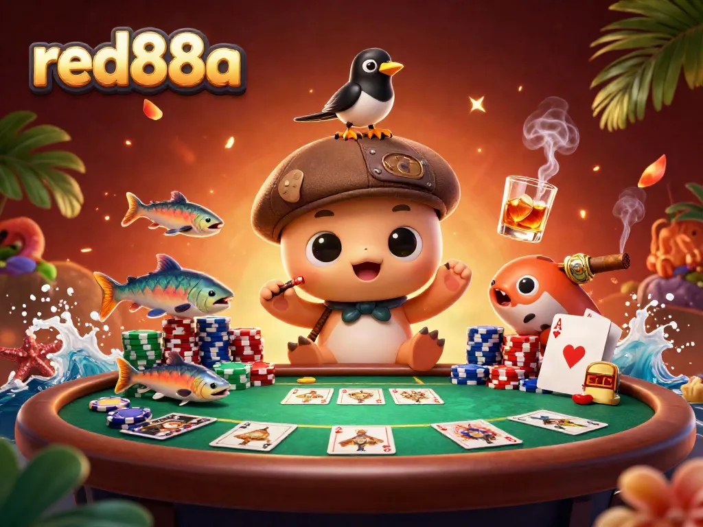 Experience thrilling gameplay with red88a at the exciting cartoon casino scene featuring poker elements.