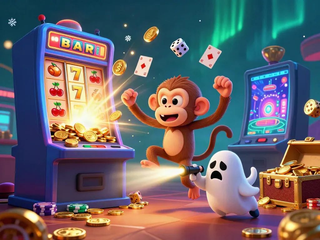 Experience thrilling slot pulsa action with a mischievous monkey in a dynamic casino scene.