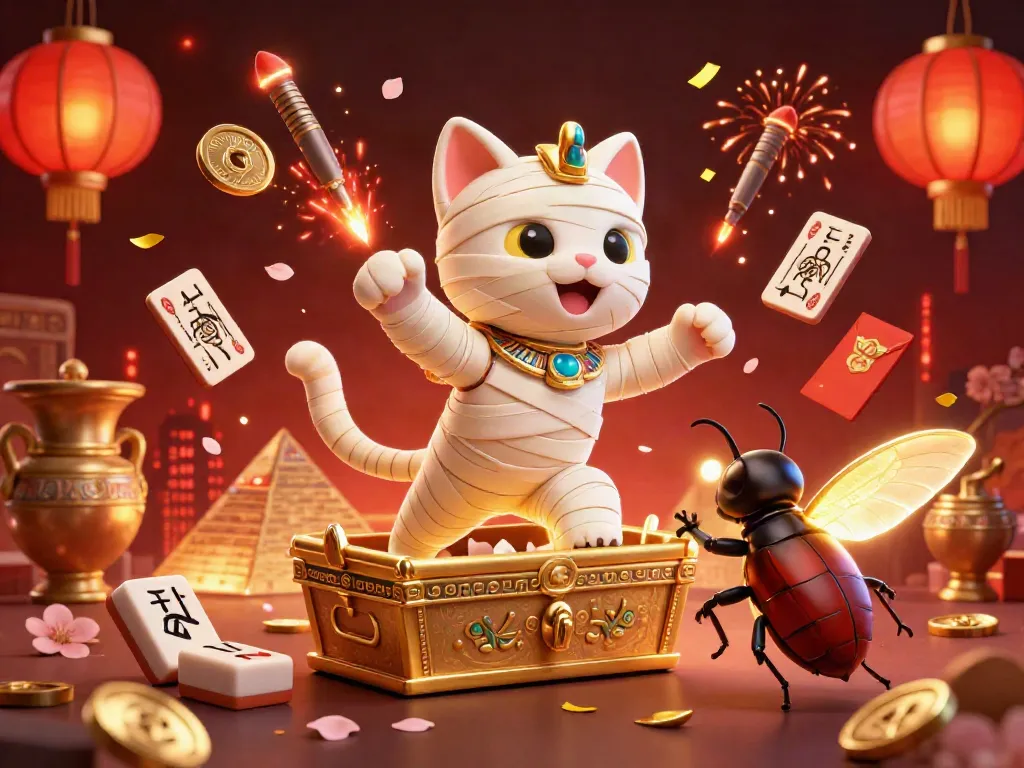 Experience the excitement of bm88 with a 3D cartoon mummy cat and a scarab in a vibrant casino scene.
