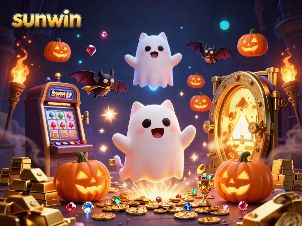 Experience thrilling gameplay at Sunwin with glowing ghost cat and a vampire bat among treasures.