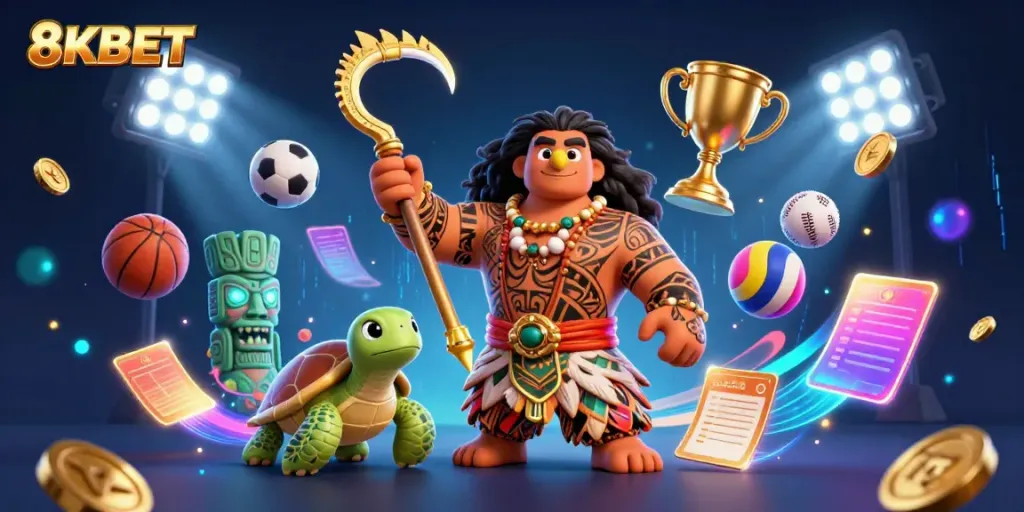 Experience the thrill of 8KBET with dynamic sports betting and vibrant characters capturing excitement.
