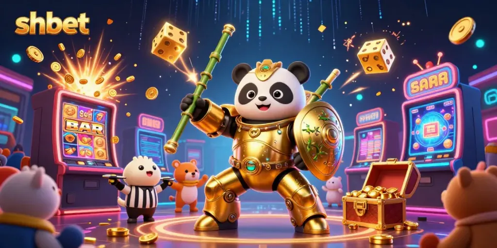 Experience the excitement of shbet's dynamic casino world with a vibrant 3D illustration featuring unique gaming elements and characters.