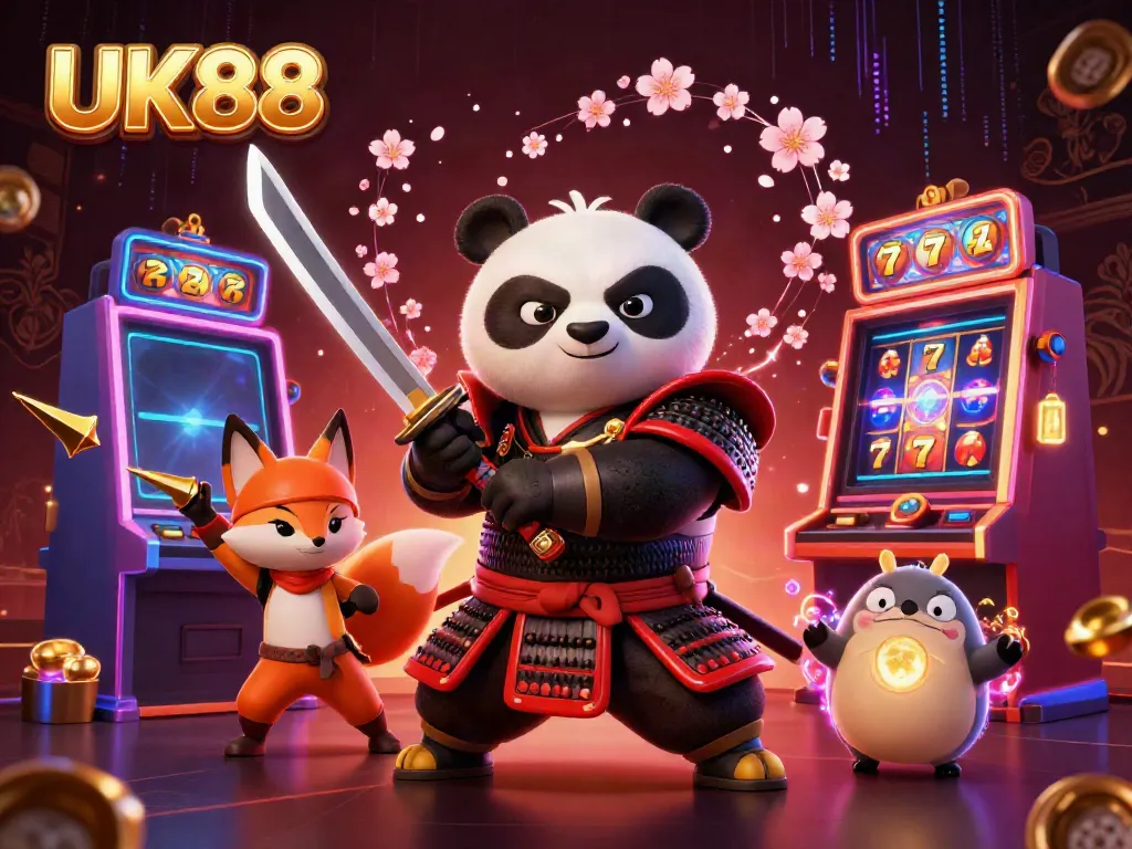 Experience thrilling gameplay with UK88's vibrant casino illustration featuring dynamic characters and slot machines.