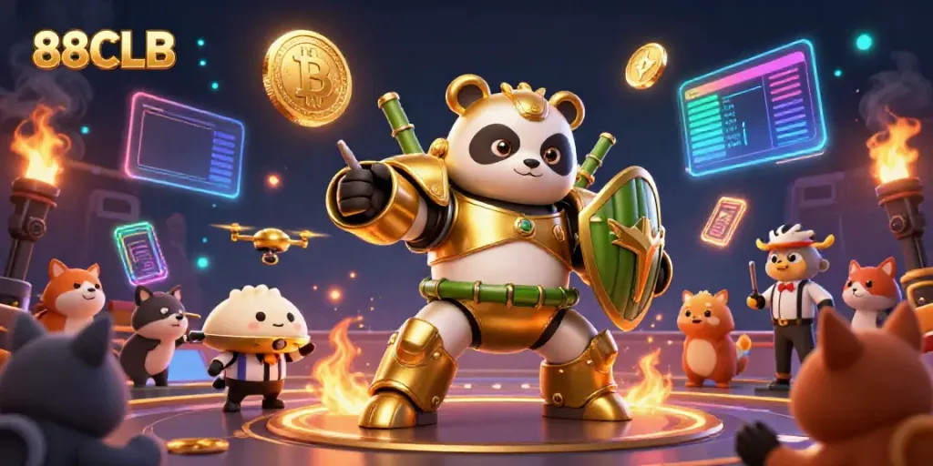 Engage with the thrilling atmosphere at 88CLB, showcasing a mech-suit panda robot in action amidst neon crypto elements.
