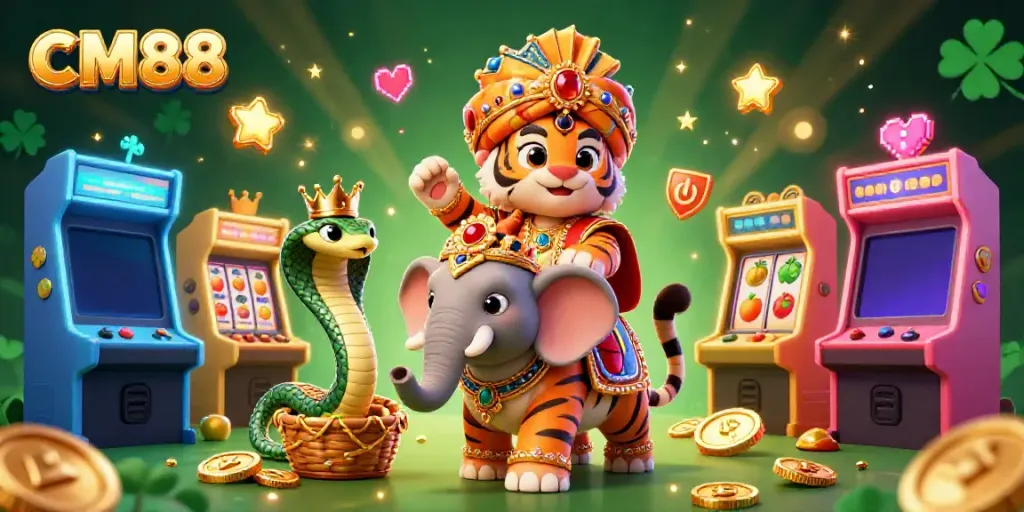 Play exciting slots with CM88 featuring a maharaja tiger and jewel-encrusted elephant in a vibrant casino setting.