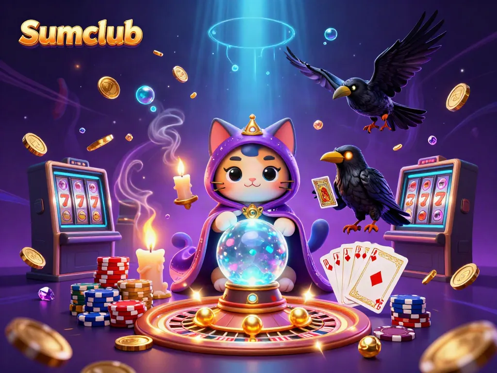 Engage with Sumclub's vibrant casino scene showcasing animated characters, glowing coins, and thrilling game elements.