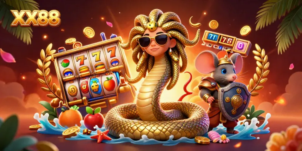 Engage with the thrilling atmosphere of XX88 through a dynamic Medusa and warrior mouse scene showcasing vibrant slot game elements.