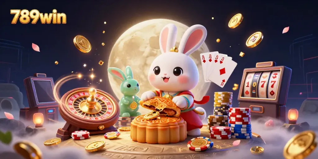 Engaging 3D scene showcasing the magical theme of 789win with moon rabbits and poker elements.