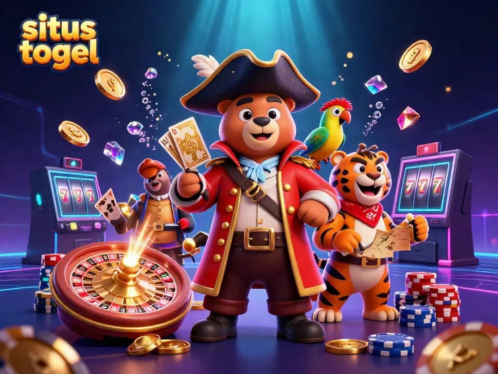 Engage in situs togel with vibrant 3D cartoon characters, golden coins, and a spinning roulette wheel of fortune.