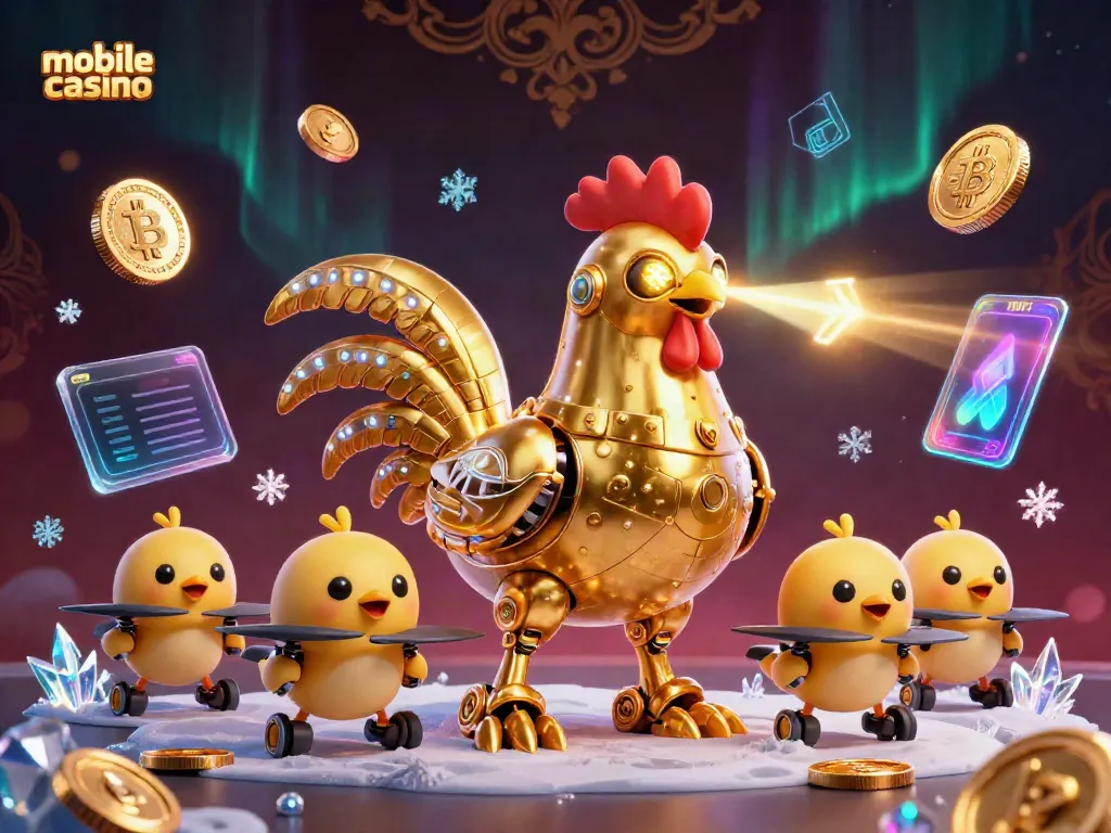 Experience mobile casino action with futuristic characters and glowing cryptocurrencies in a lively scene.