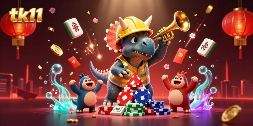 tk11 animated triceratops builds poker chip pyramid amidst dynamic casino celebration