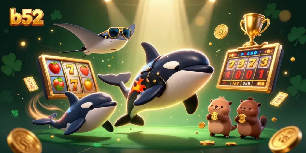 Experience the thrill of b52 slots with a vibrant orca, stingray, and otters in a casino-themed adventure.