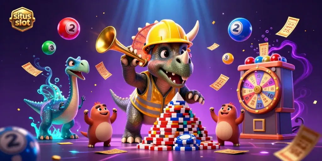 Situs slot vibrant casino scene featuring triceratops building poker chip pyramid and lottery elements.
