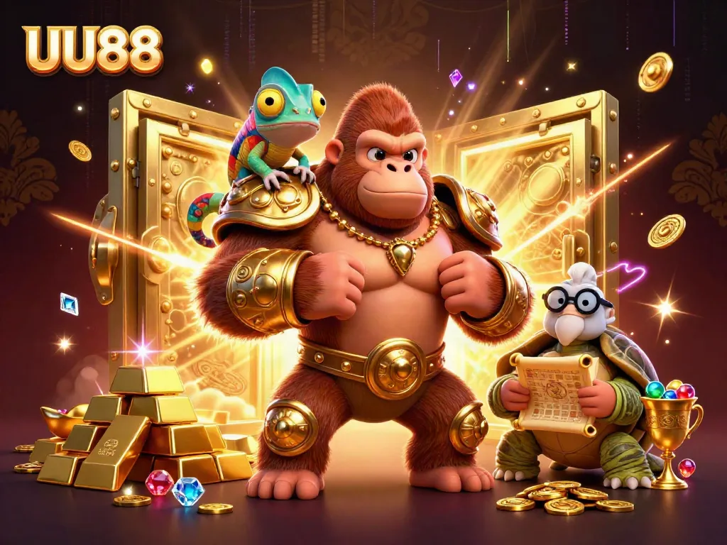 Engaging scene of UU88 casino world with gorilla king, chameleon spy, and tortoise elder, immersed in golden treasure.