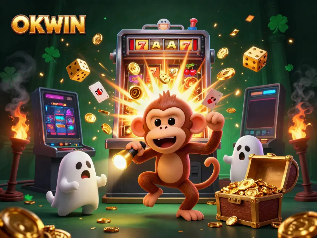 Experience a vibrant casino scene with OKWIN's golden gambling elements and playful characters.