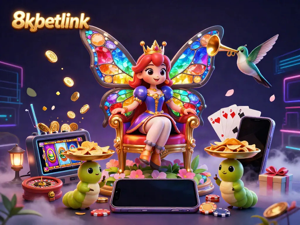 Experience the vibrant magic of 8xbetlink with a butterfly queen, gaming elements, and fantasy in 3D.